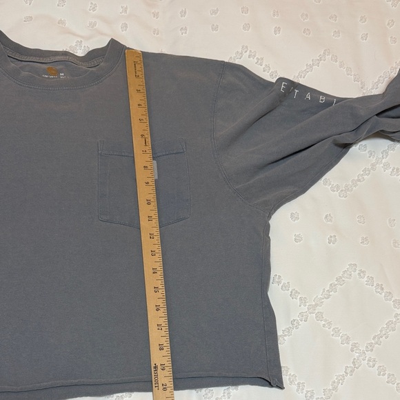 Carhartt Slate Blue Long Sleeve Pocket Tee with Sleeve Logo Cropped Rough Hem - Picture 4 of 8